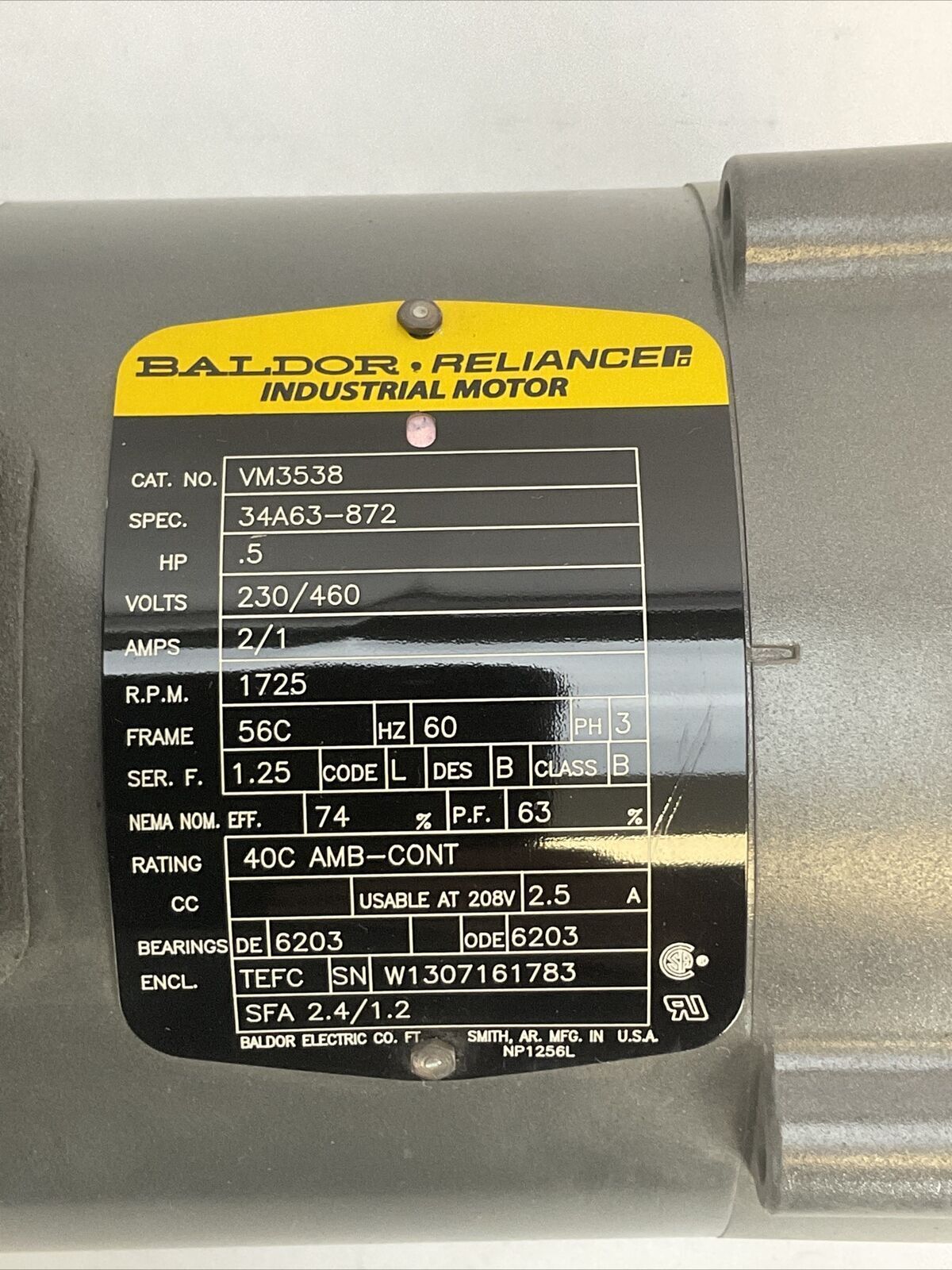 BALDOR RELIANCE VM3538 INDUSTRIAL MOTOR 0.5HP 230/460V 2/1AMP 1725RPM