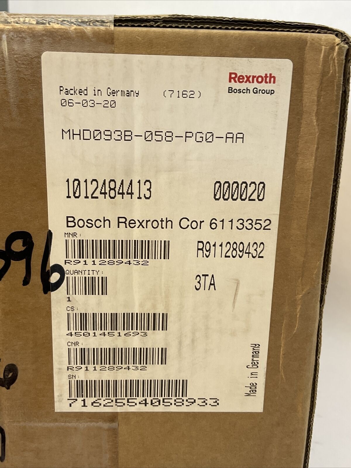 REXROTH MHD093B-058-PG0-AA 3PH SYNCHRONOUS PM-MOTOR 600VAC KM 0.87 Nm/A