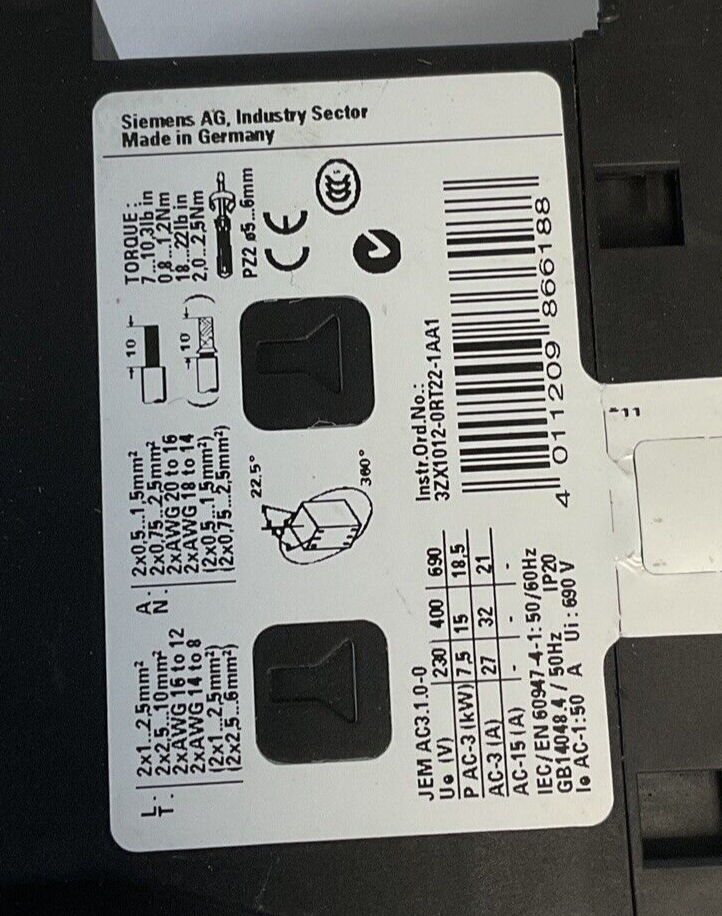 SIEMENS 3RT2027-1FB44-3MA0 CONTACTORS 24VDC 42A