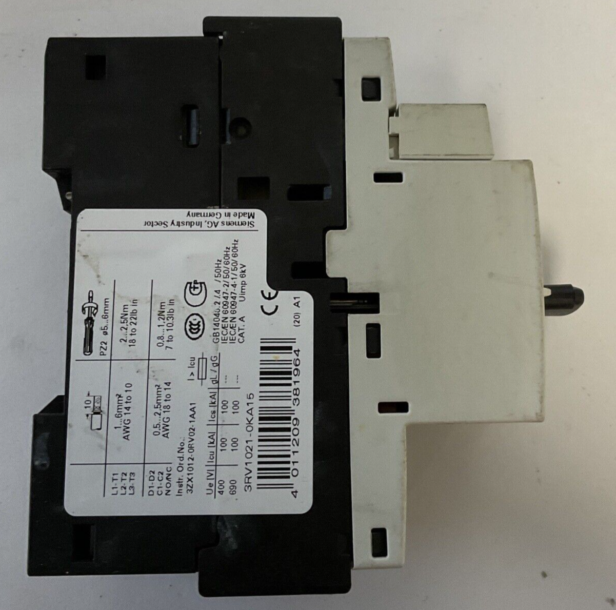SIEMENS 3RV1021-0KA15 MOTOR STARTER 50/60HZ 600V 1.25-0.9A 6KV 16A