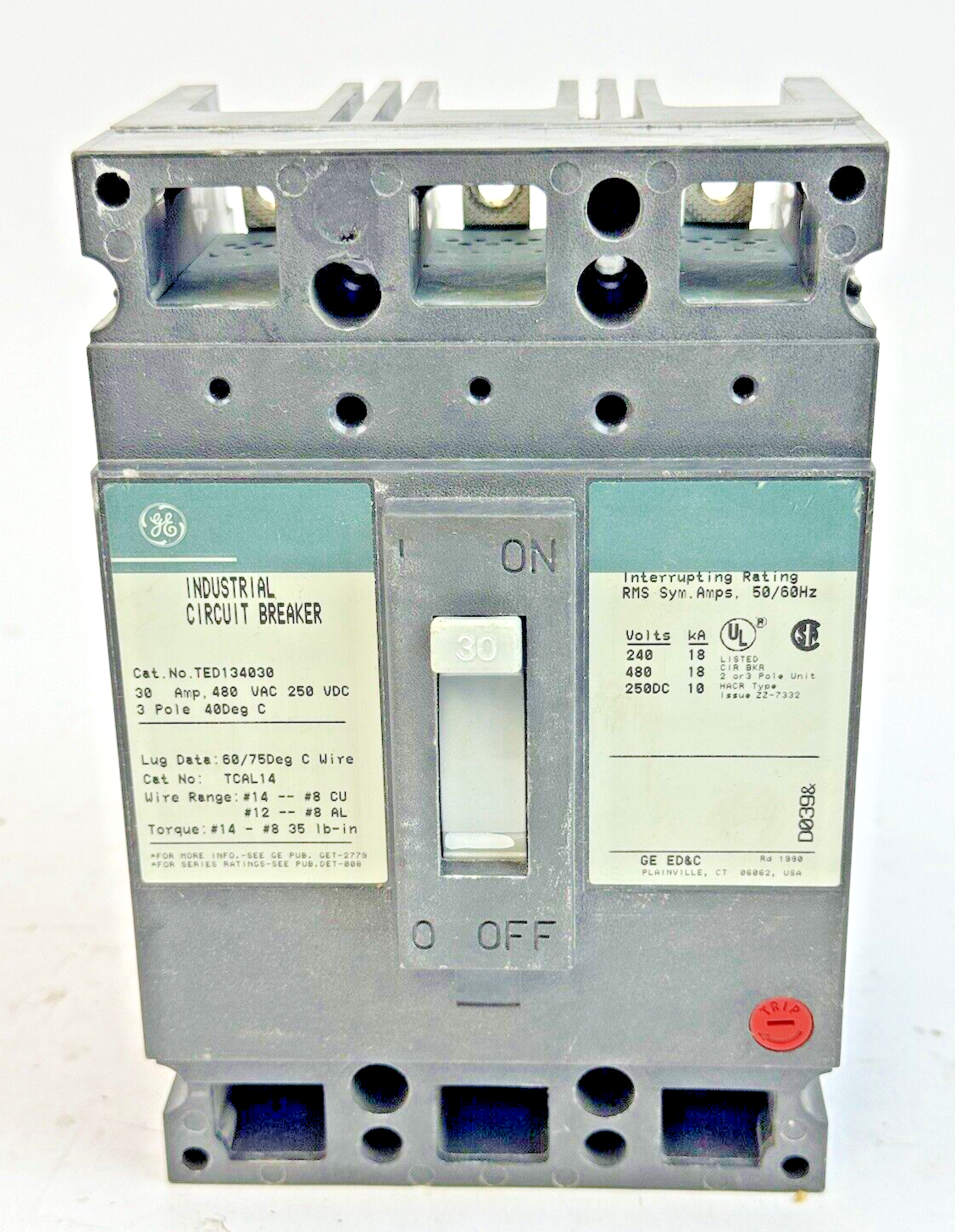 GE - TED134030 - INDUSTRIAL CIRCUIT BREAKER - 3 POLE/480 VAC/30A