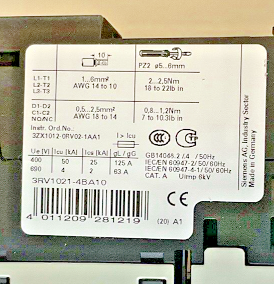 SIEMENS 3RV1021-4BA10 MOTOR CONTROL 14-20A