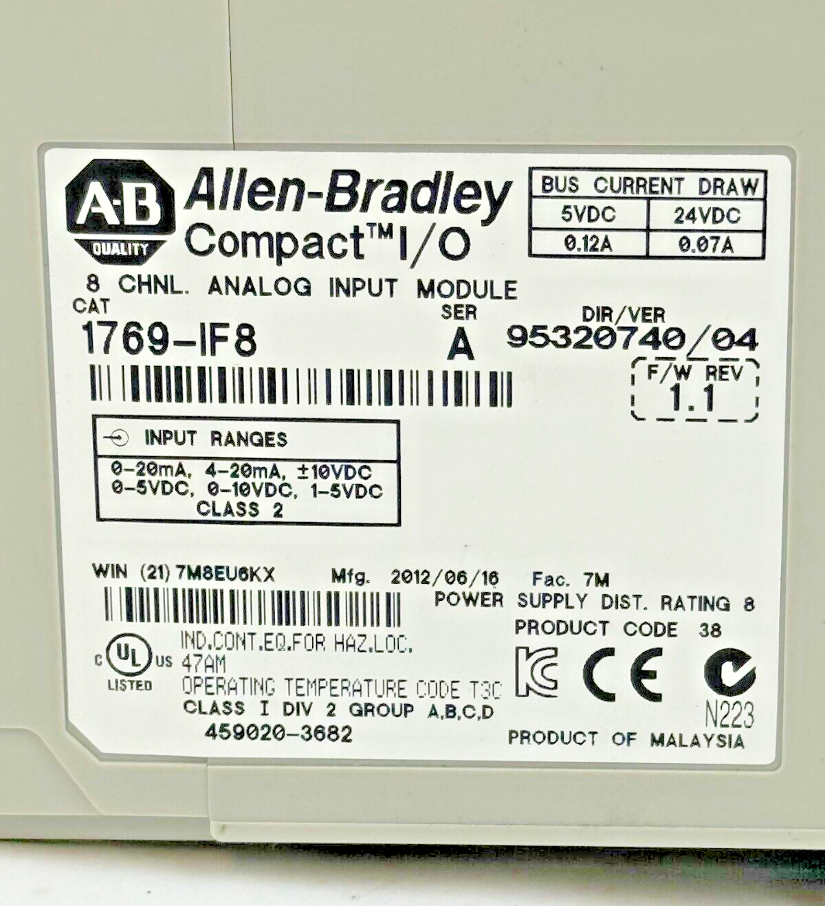 ALLEN-BRADLEY - 1769-IF8 SER. A F/W DIR/VER 95320740/04 REV 1.1 - COMPACT I/O