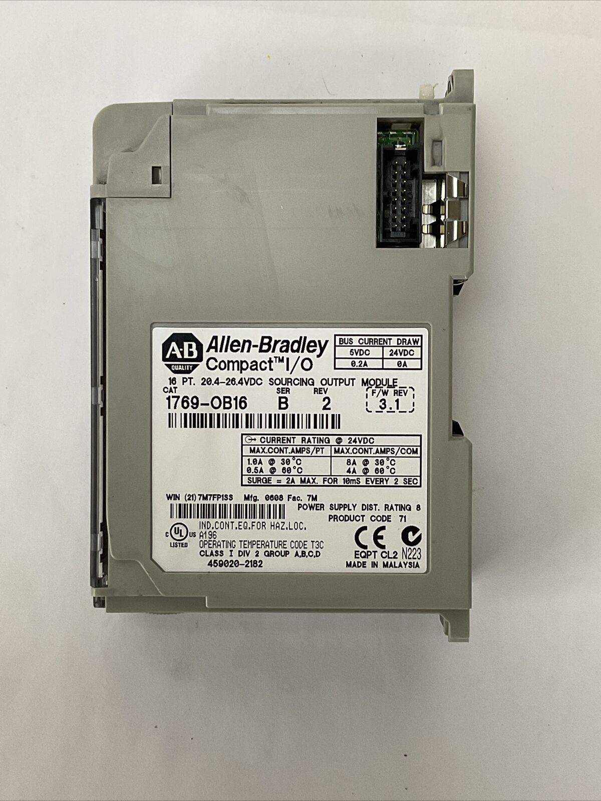 ALLEN BRADLEY 1769-OB16 SER B REV 2 F/W REV 3.1 16PT 20.4-26.4VDC SOURCING OUTPU