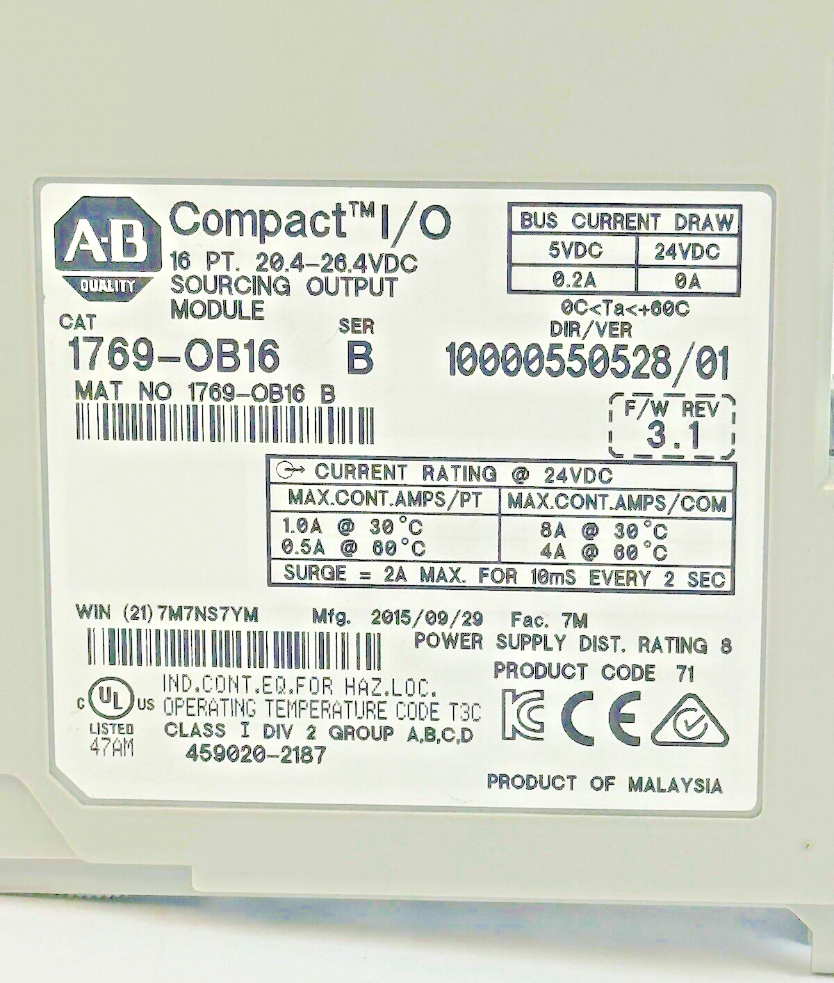 ALLEN-BRADLEY - 1769-OB16 SER. B, F/W REV 3.1, DIR/VER 10000550528/01 - 16 PT.