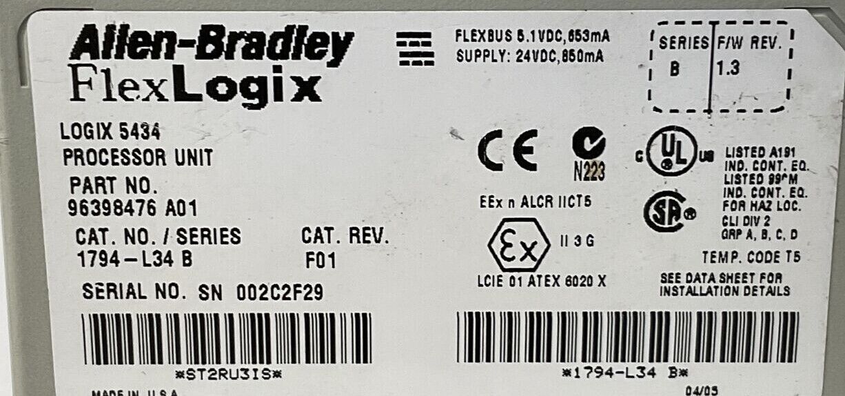 ALLEN BRADLEY 1794-L34 SER B CAT REV F01 F/W REV 1.3 LOGIX 5434 PROCESSOR UNIT