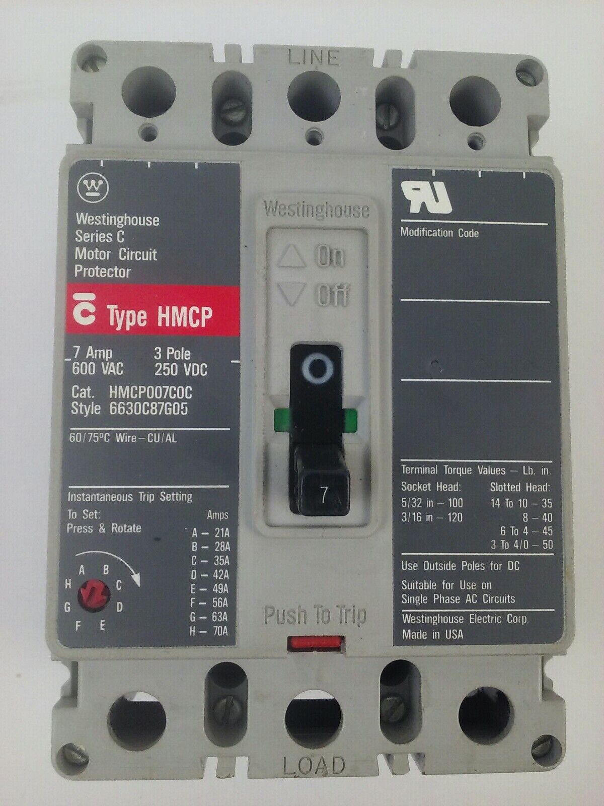 WESTINGHOUSE HMCP007COC SER.C MOTOR CIRCUIT PROTECTOR TRIP UNIT 7A 3P 600V