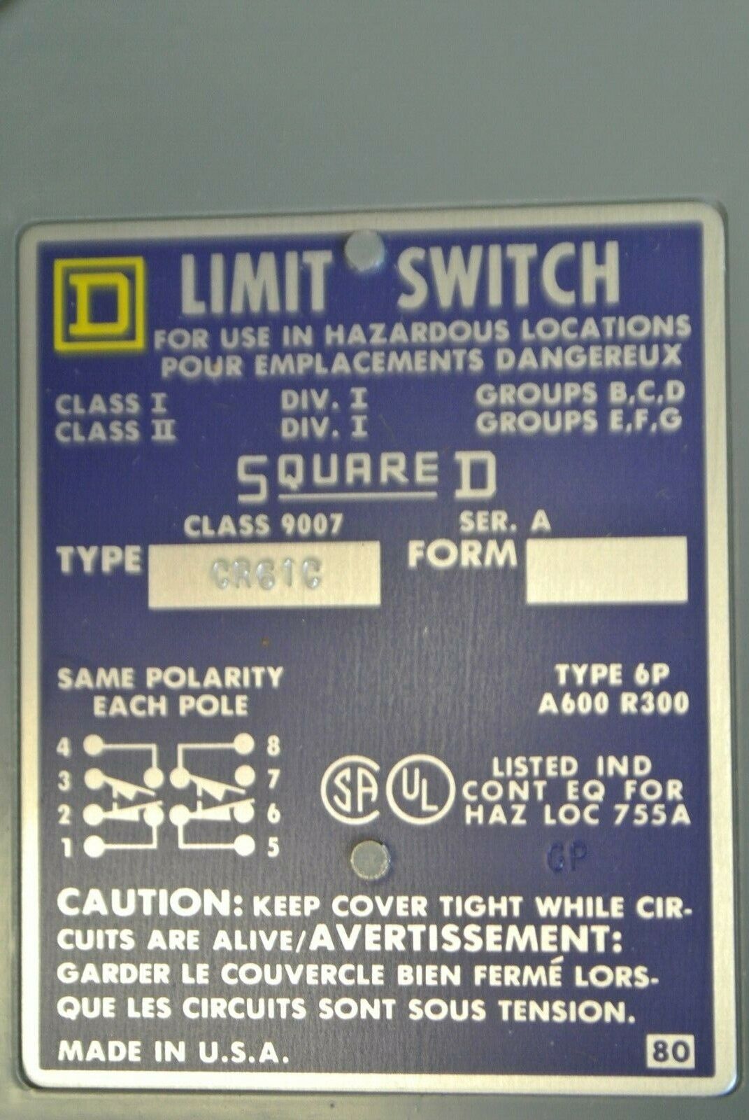 SQUARE D 9007 CR61C Ser. A / NEW TYPE C HEAVY DUTY LIMIT SWITCH / NEW SURPLUS