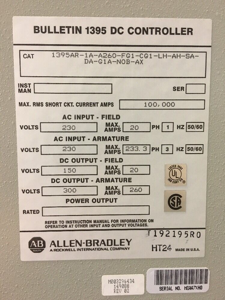 ALLEN BRADLEY 1395 DC DRIVE CONTROLLER 75 H.P. 230V
