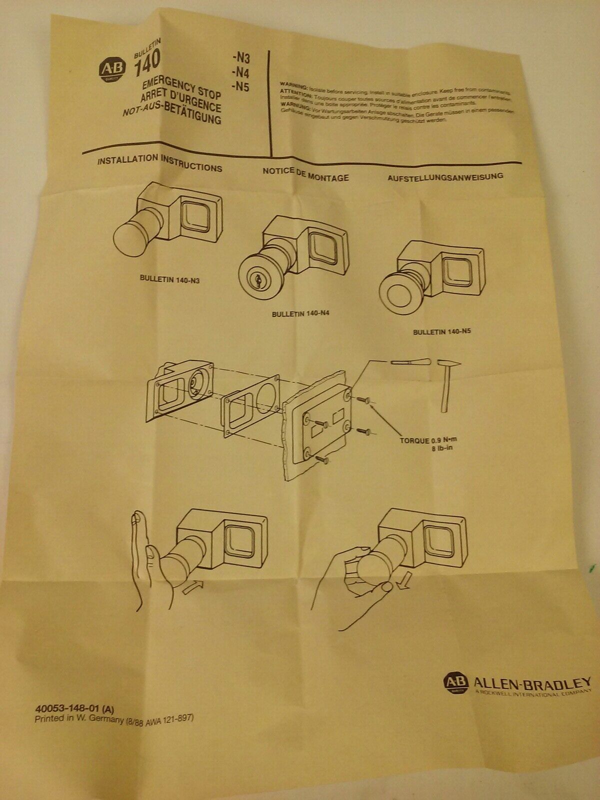 ALLEN BRADELY 140-N5 SERIES A EMERGENCY STOP PUSH BUTTON, MUSHROOM HEAD ACTUATOR