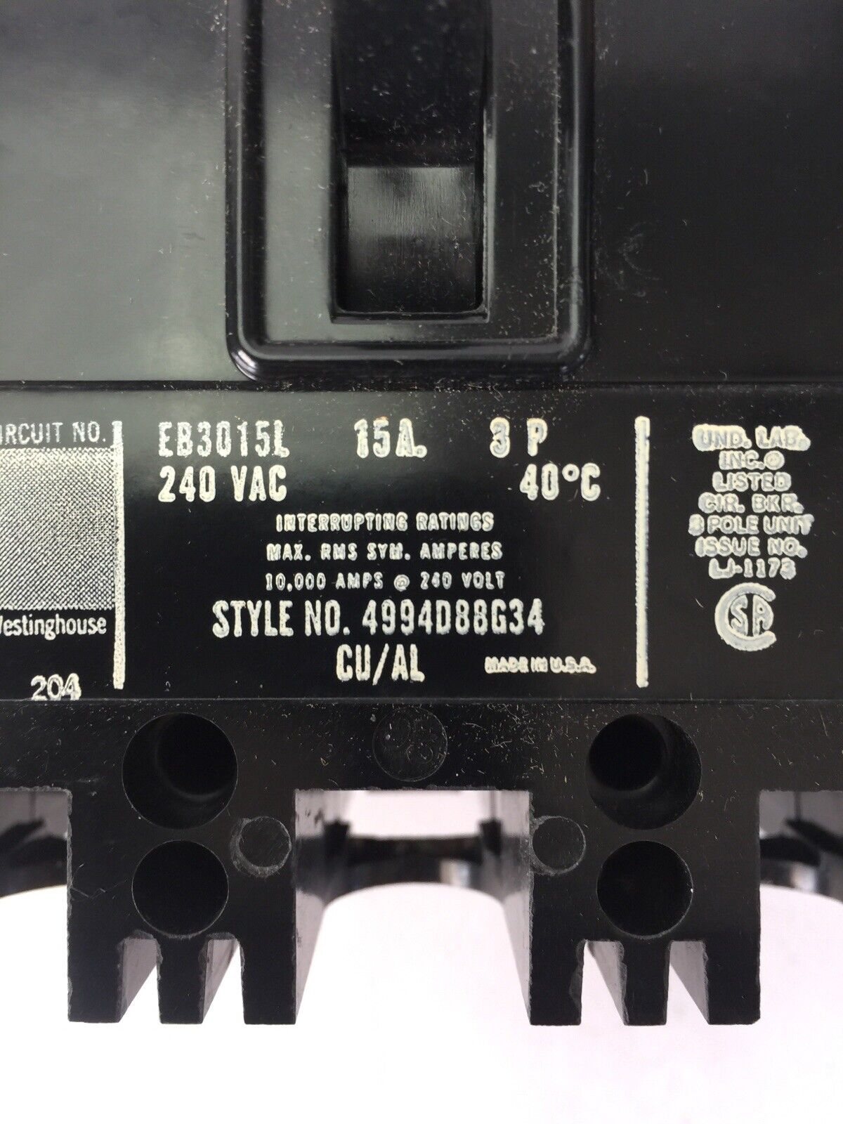 WESTINGHOUSE EB3015L CIRCUIT BREAKER 15AMP 240VAC 3POLE 4994D88G34