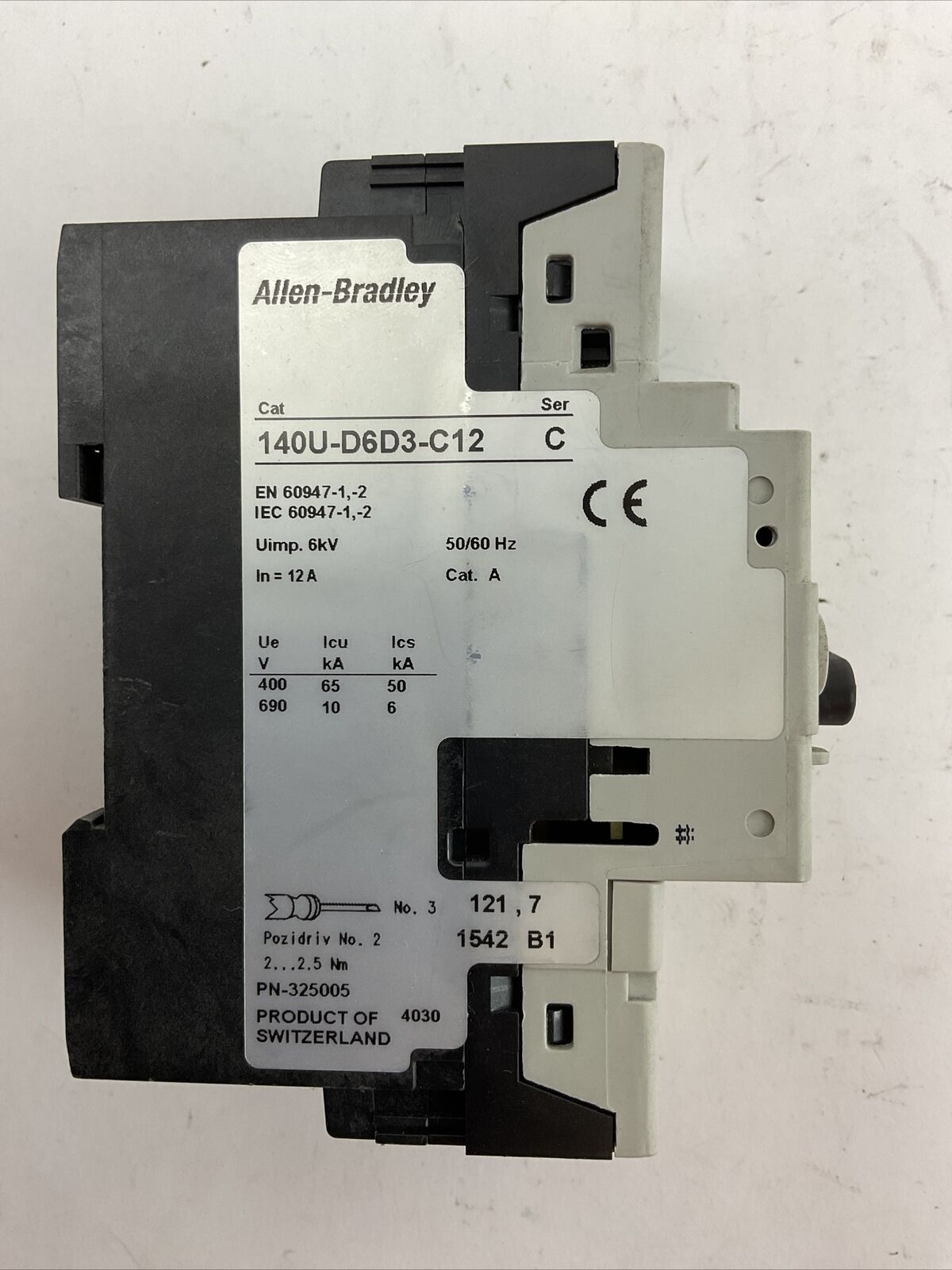 ALLEN BRADLEY 140U-D6D3-C12 MOTOR PROTECTOR SER C 12A 600Y/347VAC