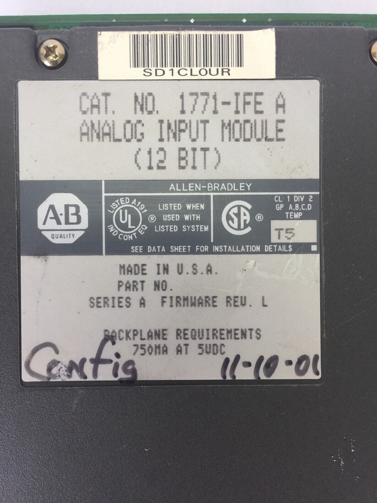 ALLEN BRADLEY 1771-IFE ANALOG INPUT MODULE (12 BIT) SERIES A FIRMWARE REV L