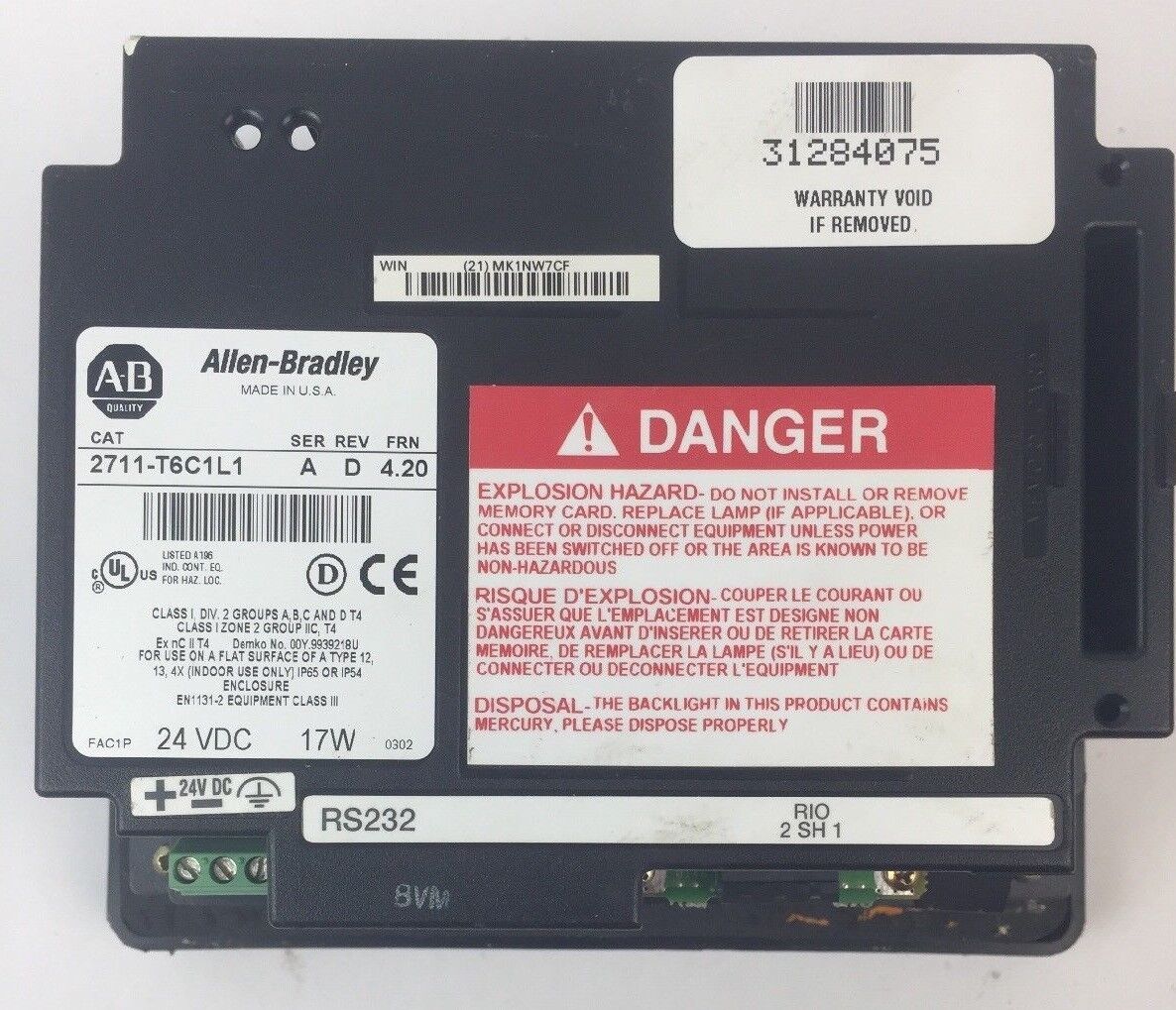 ALLEN BRADLEY 2711-T6C1L1 PANEL VIEW 600 TOUCHSCREEN SER A REV D FRN 4.20 24VDC
