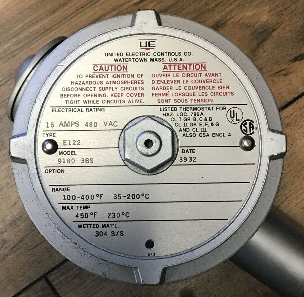 UNITED ELECTRIC CONTROLS TEMP SWITCH TYPE E122 MODEL 9180 3BS 100-400*F35-200*C