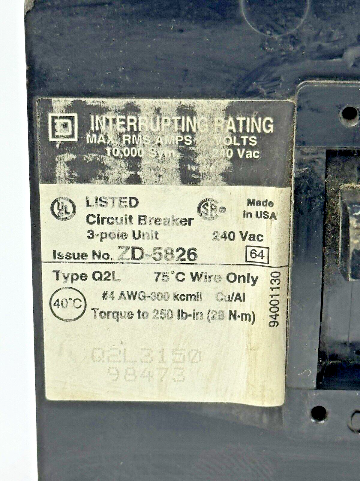 SQUARE D - Q2L3150 - CIRCUIT BREAKER - 150 AMP, 3 POLE, 240 VAC
