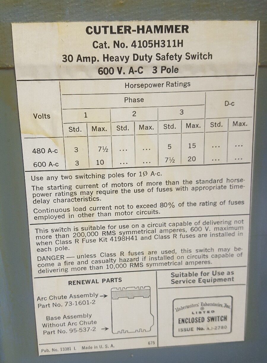 Eaton Cutler Hammer 4105H311H 30 Amp 600 VAC 3 Pole Fusible Switch Disconnect