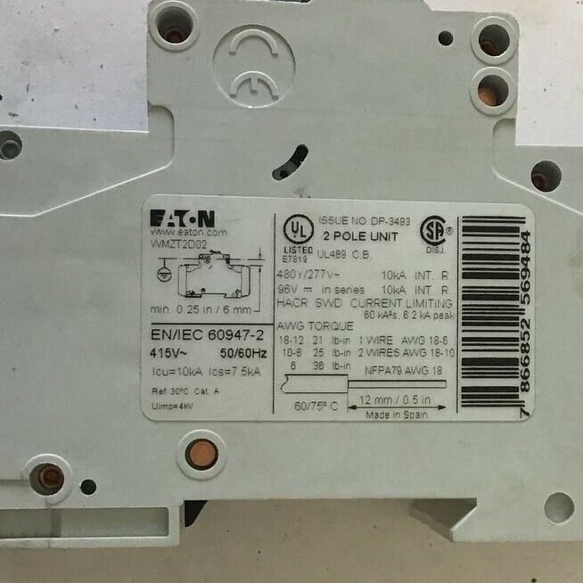 EATON WMZT2D02 CIRCUIT BREAKER 2A 480Y/277VAC 10KA 2POLE 50/60HZ***LOTOF3***