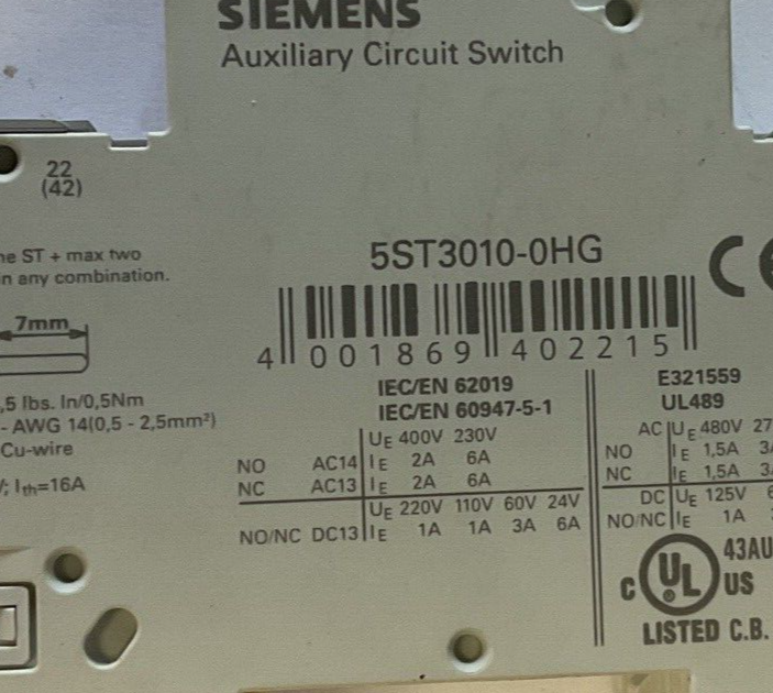 SIEMENS 5SJ4101-7HG41 CIRCUIT BREAKER 3A AUXILIARY CIRCUIT SWITCH