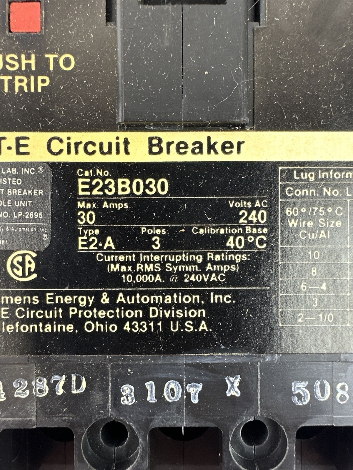 SIEMENS ITE E23B030 MOLDED CASE CIRCUIT BREAKER 30A 3P 240VAC