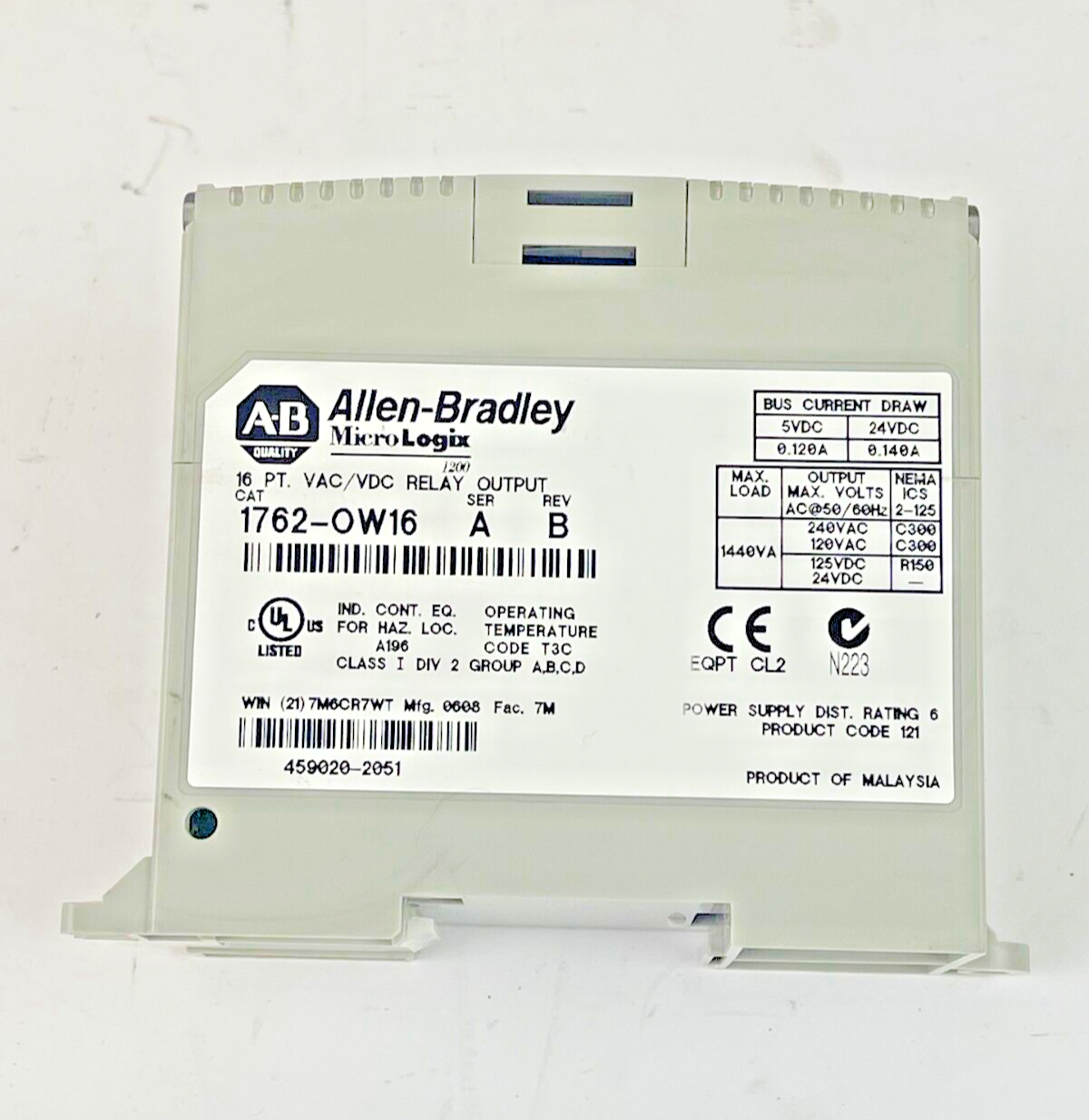 ALLEN BRADLEY - 1762-0W16 SER A REV B - MICROLOGIX 1200 RELAY OUTPUT MODULE