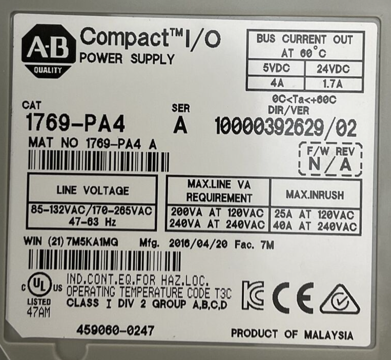 ALLEN BRADLEY 1769-PA4 SER A POWER SUPPLY F/W REV NA DIR/VER 10000392629/02 120/