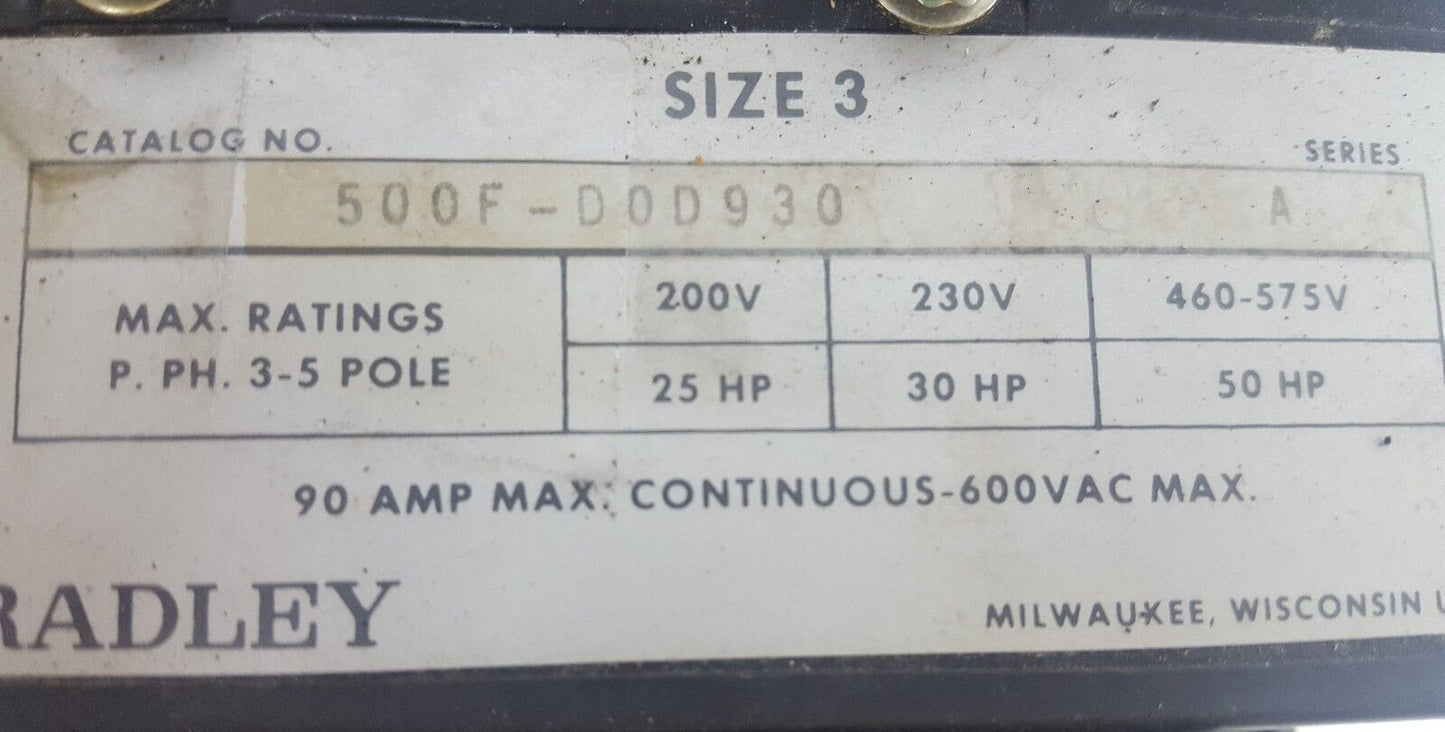 ALLEN BRADLEY Size 3 Contactor 110/120V 90 Amp 500F D0D930