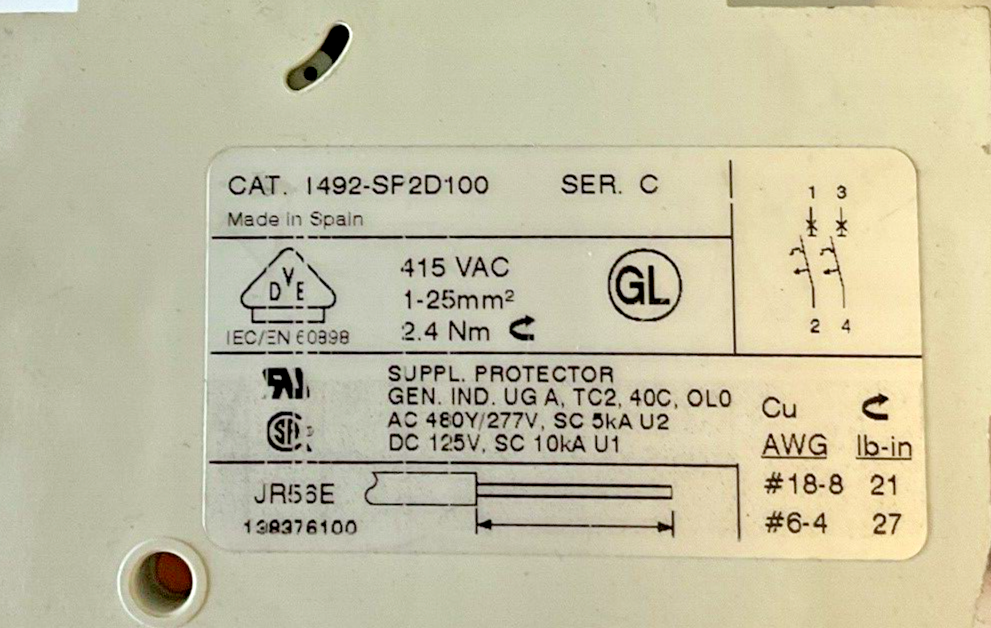 ALLEN BRADLEY 1492-SP2D020 & 1492-SP2D100 CIRCUIT BREAKER SER.C 415VAC