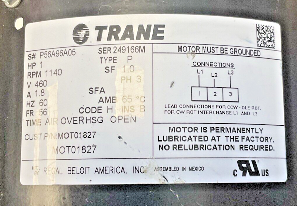 TRANE MOT01827 MOTOR HP1 RPM 1140 60HZ FR 56 PH3 CODE H