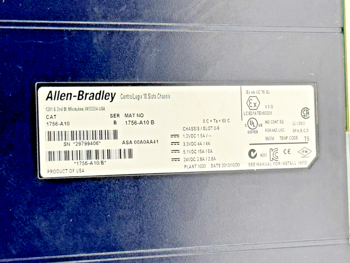 ALLEN-BRADLEY - 1756-PB72 SER. C - CONTROLLOGIX DC POWER SUPPLY & 1756-A10 B
