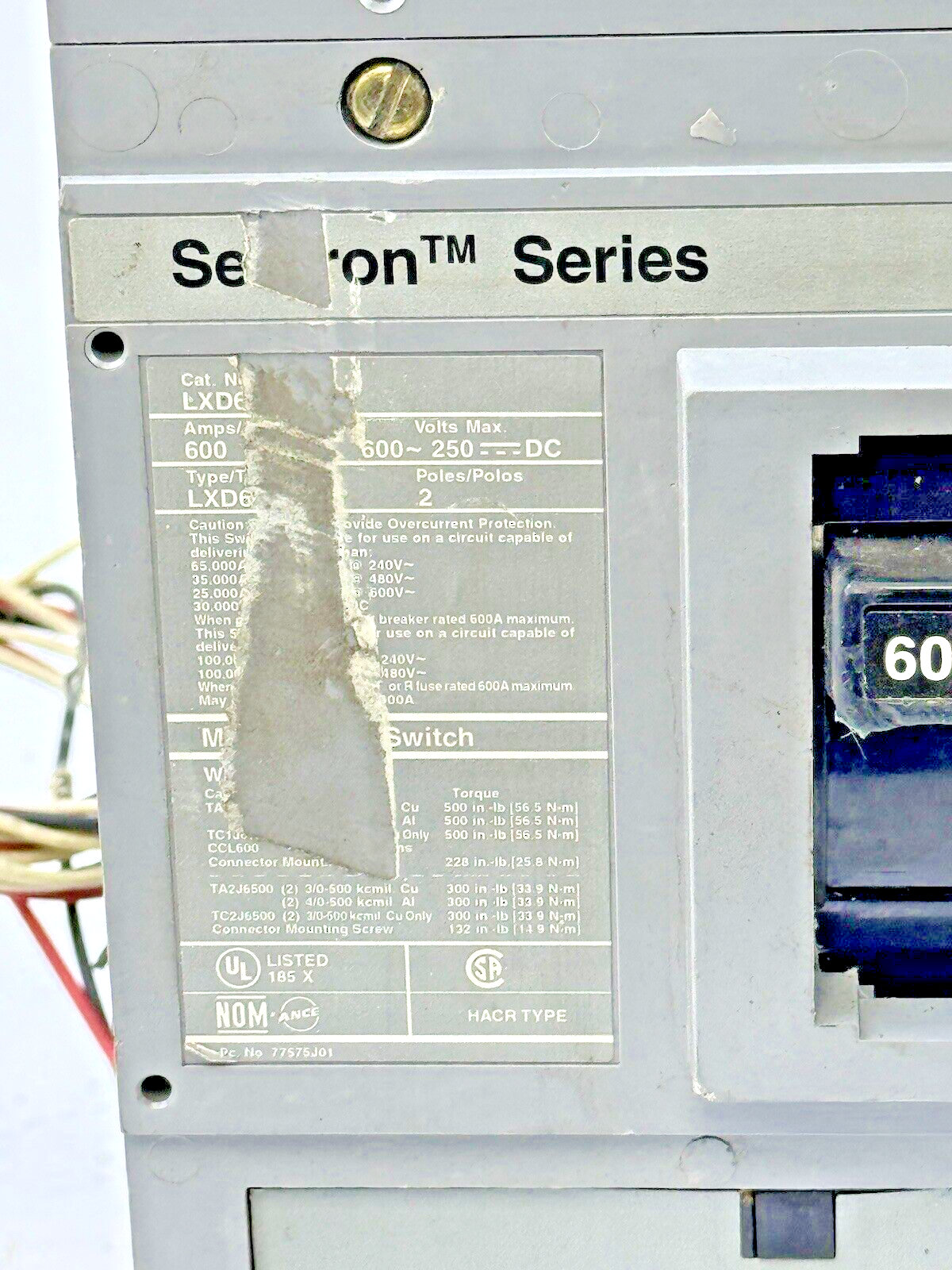 SIEMENS - LXD62S600A - SWITCH W/ A01JLDLV LOW VOLT AUX SWITCH 2 POLE/600A/600VAC