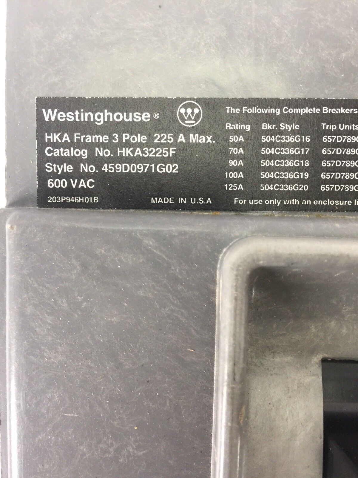 WESTINGHOUSE HKA3225F CIRCUIT BREAKER 600VAC 225A 3 POLE TRIP UNIT 175A