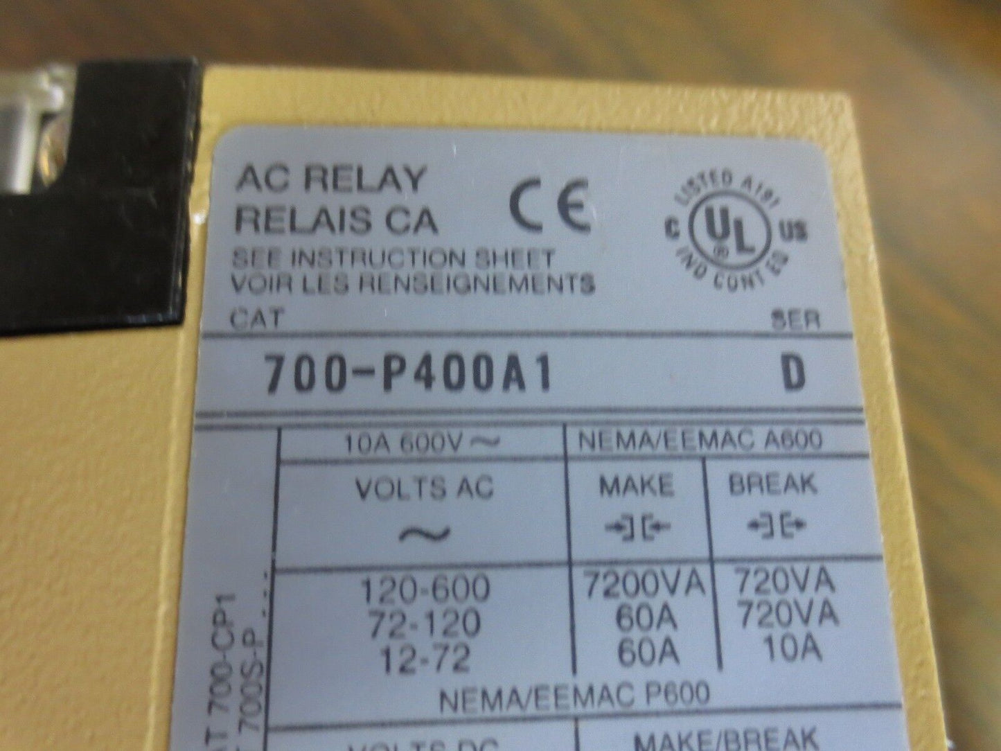 ALLEN-BRADLEY 700-P400A1 Ser. D TYPE P DIRECT DRIVE AC RELAY, 120V COIL