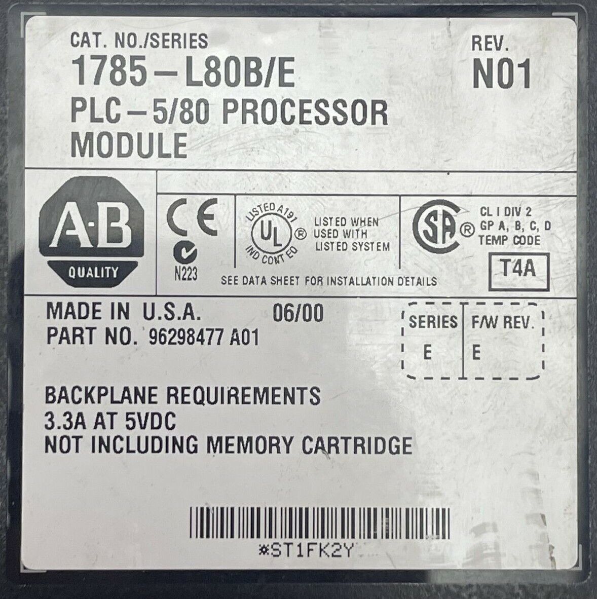 ALLEN BRADLEY 1785-L80B/E PLC 5/80 PROCESSOR MODULE REV N01 SERIES E F/W REV E