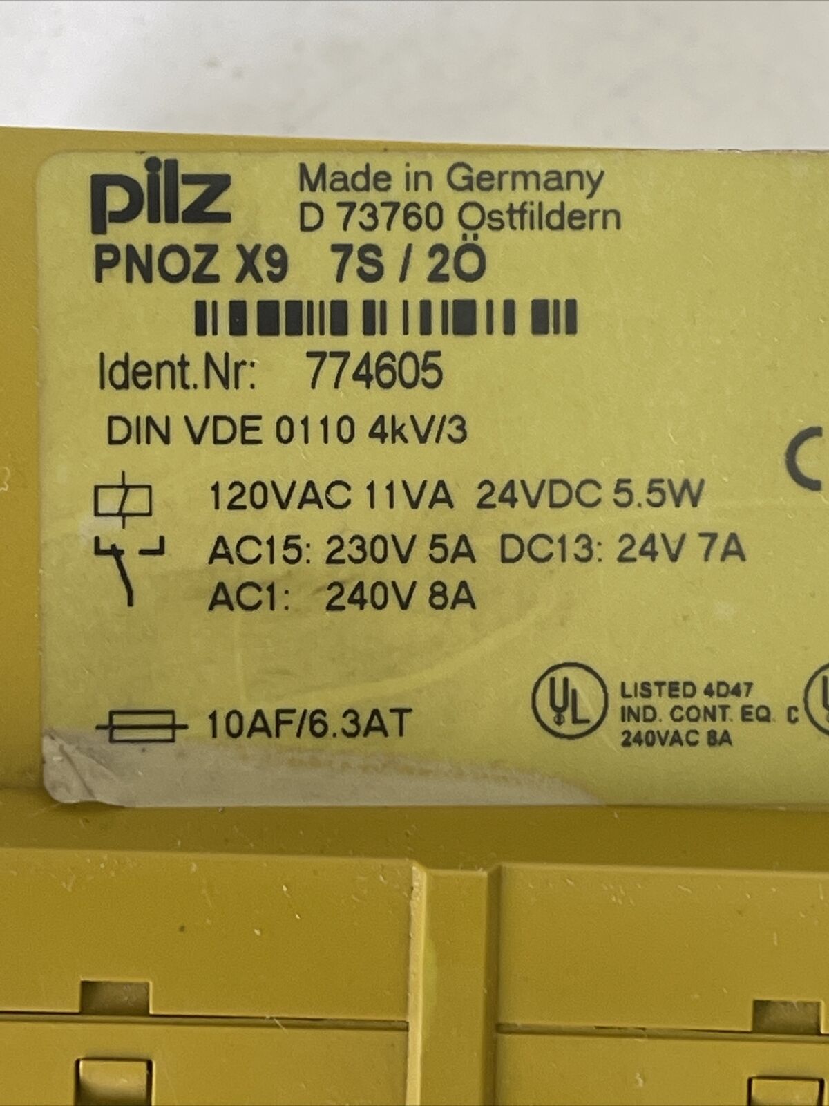 PILZ PNOZ X9 7S/2O SAFETY RELAY 120VAC 11VA 24VDC 5.5W AC15:230V 5A DC13:24V 7A