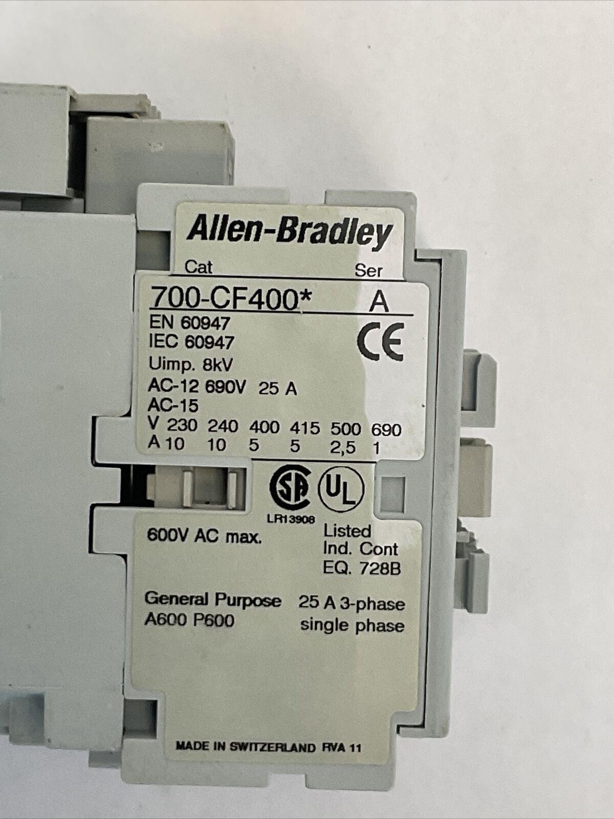 ALLEN BRADLEY 700-CF400* SER A CONTACTOR 600VAC 25A COIL 120V 60HZ 100-FSV136