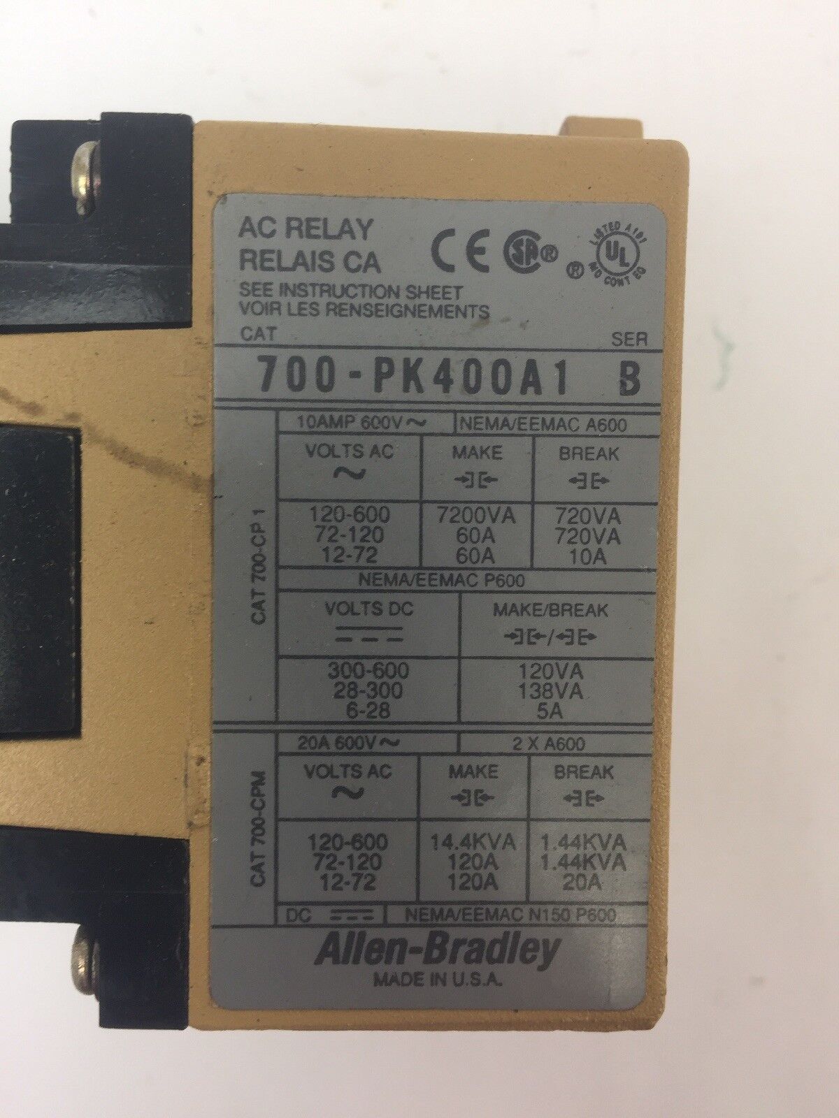 ALLEN BRADLEY 700-PKT400A1 AC RELAY WITH PNEUMATIC TIME DELAY UNIT COIL 115-120V