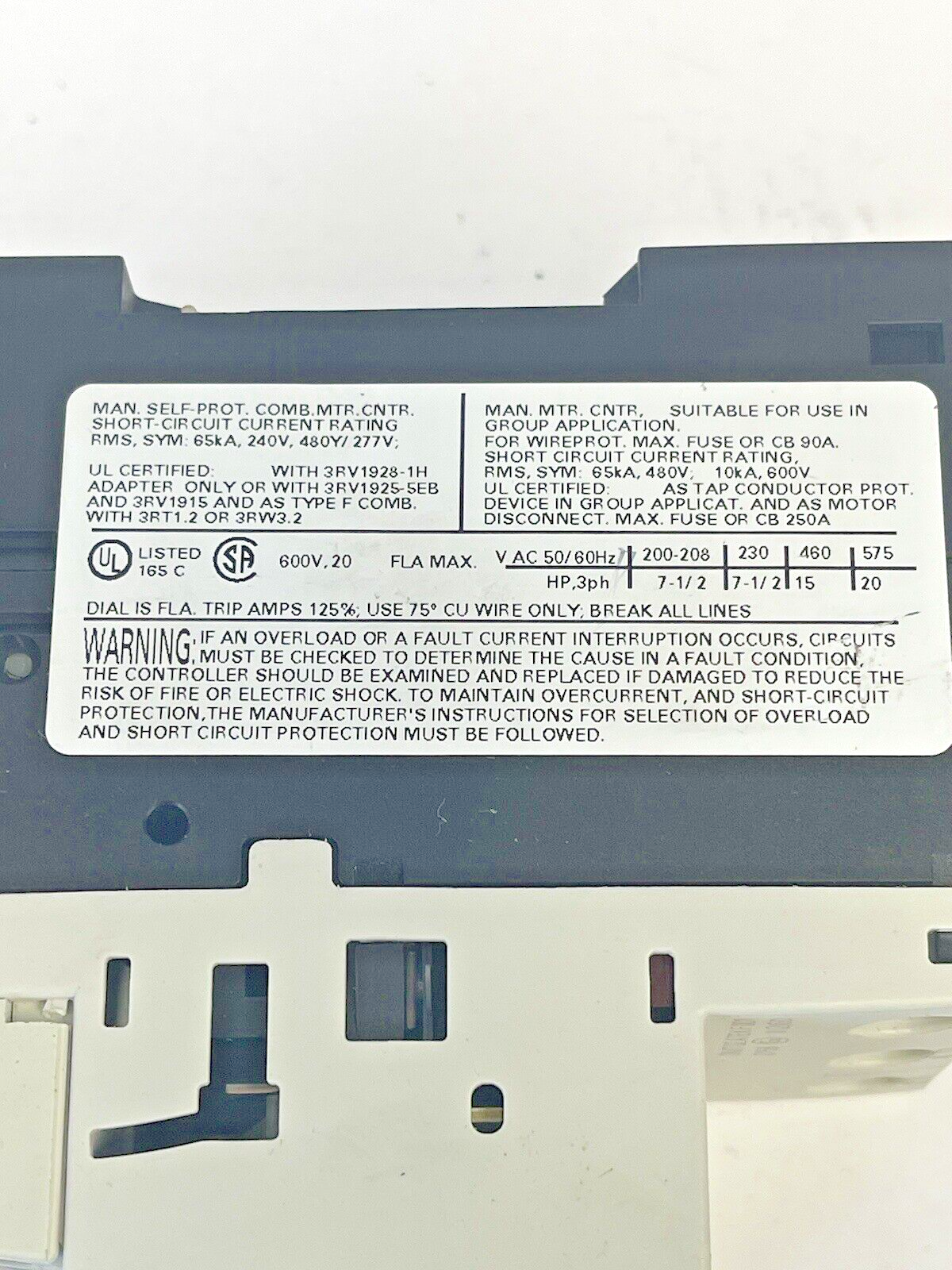SIEMENS - 3RV1021-4BA15 - 3RV1901-1E-CIRCUIT BREAKER W/ SWITCH TRANSVERSE 14-20A