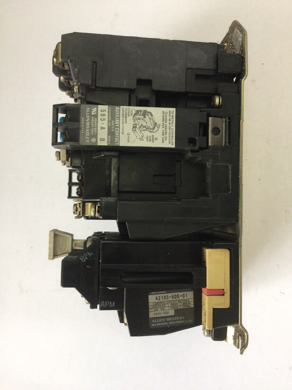 ALLEN BRADLEY 509-B0D SIZE 1 STARTER 600VAC 27AMP 10HP W47 HEATERS 120V COIL