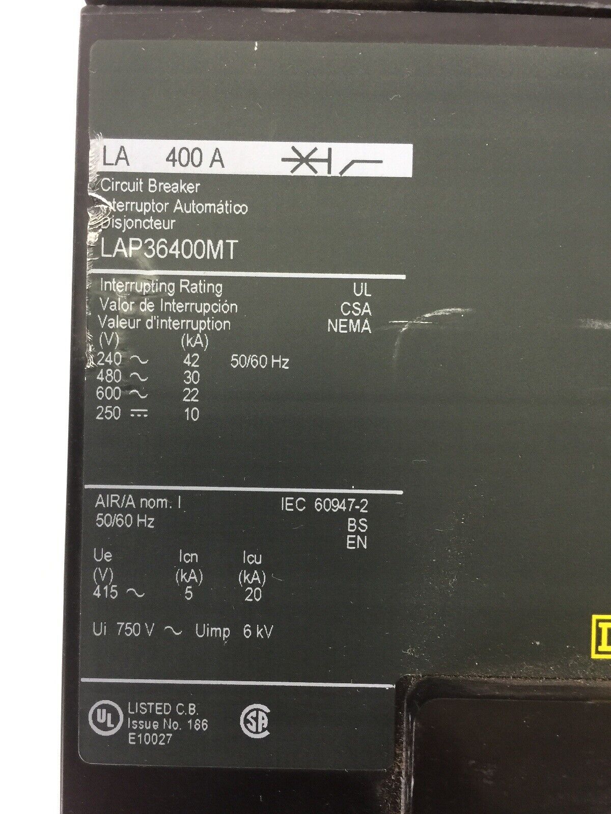 SQUARE D LAP36400MT CIRCUIT BREAKER 400A 250VDC 600VAC LA400A AL400LA LA11021