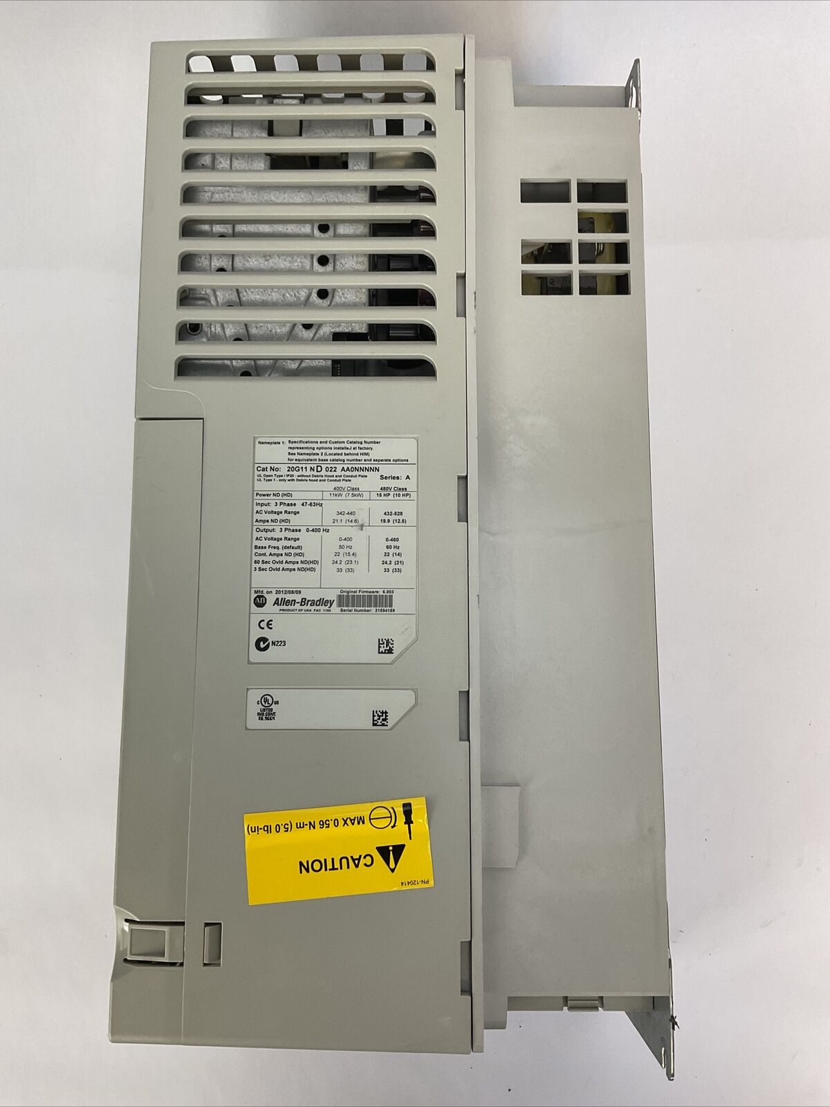 ALLEN BRADLEY 20G11ND022AA0NNNNN AC DRIVE SER A OUTPUT 0-460VAC INPUT 432-528VAC