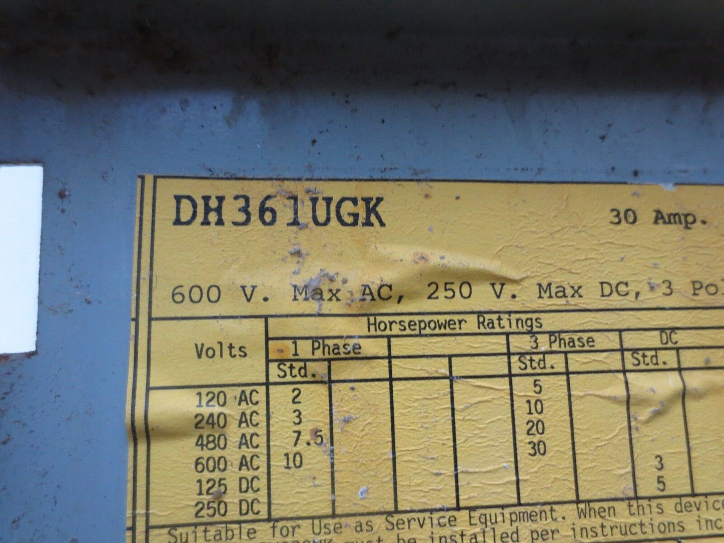 EATON / CUTLER-HAMMER DH361UGK 600V 30A HEAVY DUTY FUSIBLE SAFETY SWITCH