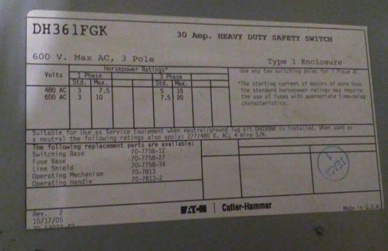 EATON CUTLER-HAMMER 600VAC 30A 3P HEAVY DUTY SAFETY SWITCH, DH361FGK*