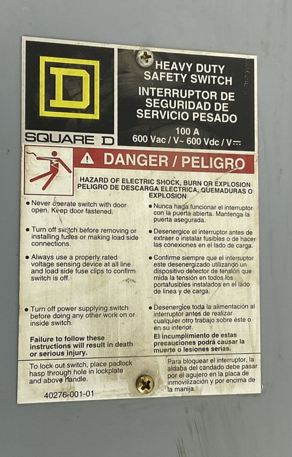 SQUARE D H363 SAFETY SWITCH SER.F05 100A 600VAC FUSIBLE W/FRS-R-100 FUSES