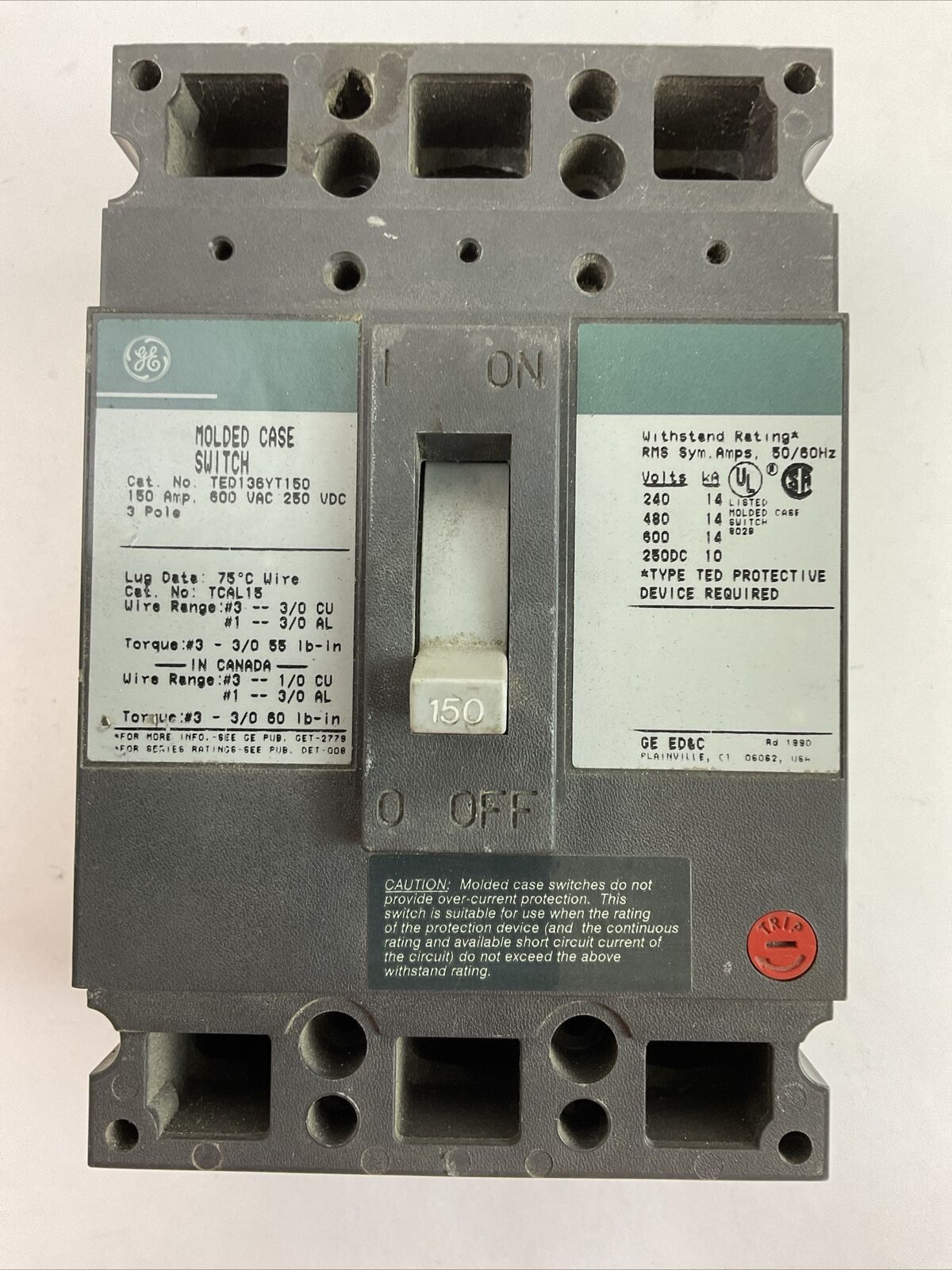 GE TED136YT150 MOLDED CASE SWITCH 3POLE 150AMP 600VAC 250VDC NO SHUNT TRIP