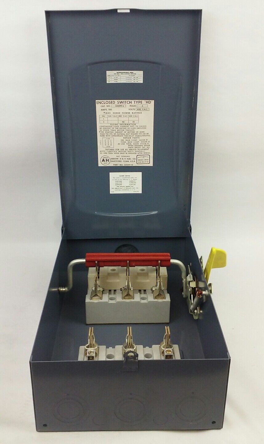 ARROW HART 24299R FUSIBLE ENCLOSED SWITCH TYPE HD, 3P, 3PH, 100A, 600V, NEMA 1