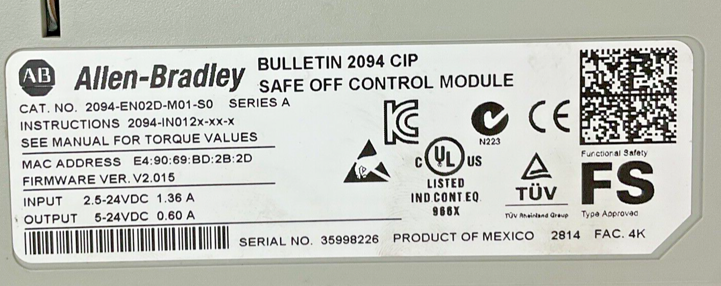 ALLEN BRADLEY 2094-EN02D-M01-S0 CONTROL MOD. / 2094-BM02-M POWER MODULE VER2.015