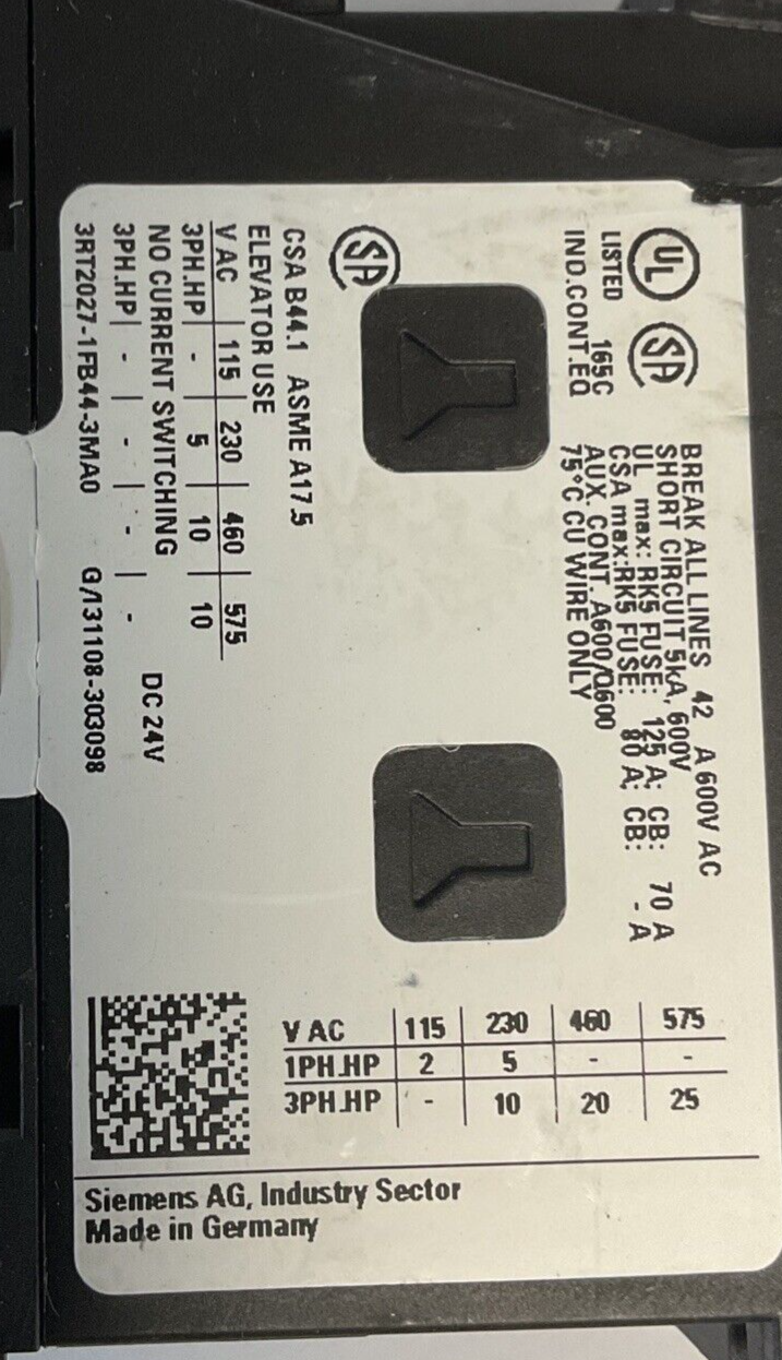 SIEMENS 3RT2027-1FB44-3MA0 CONTACTORS 24VDC 42A