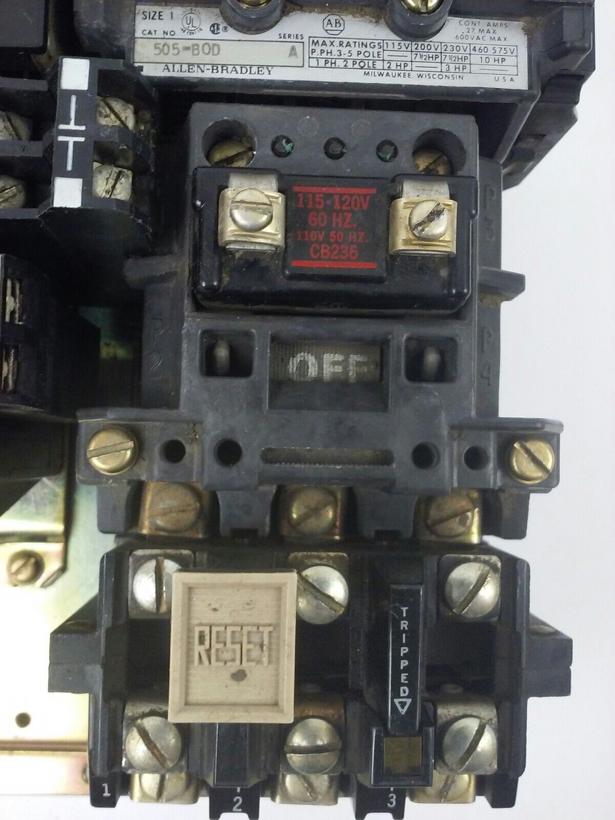ALLEN BRADLEY 505-BOD, SER. A, REVERSING STARTER, SIZE 1, 600V, 120V COIL, USED
