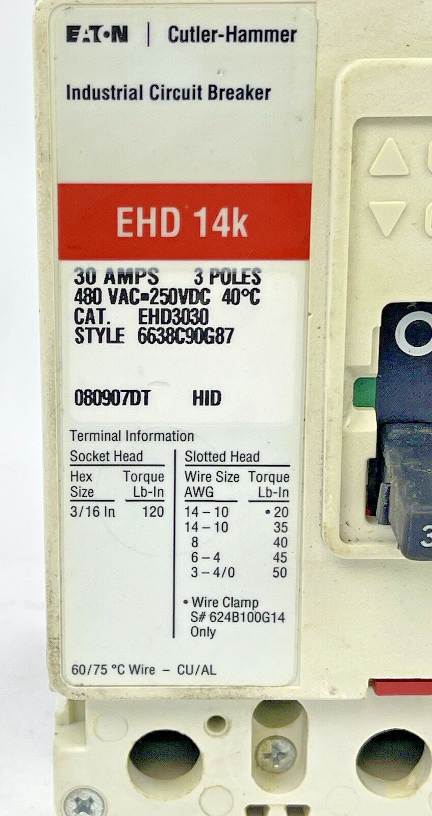 EATON CUTLER-HAMMER - EHD3030 - 30A, 480V EHD 14k CIRCUIT BREAKER - PRE-OWNED
